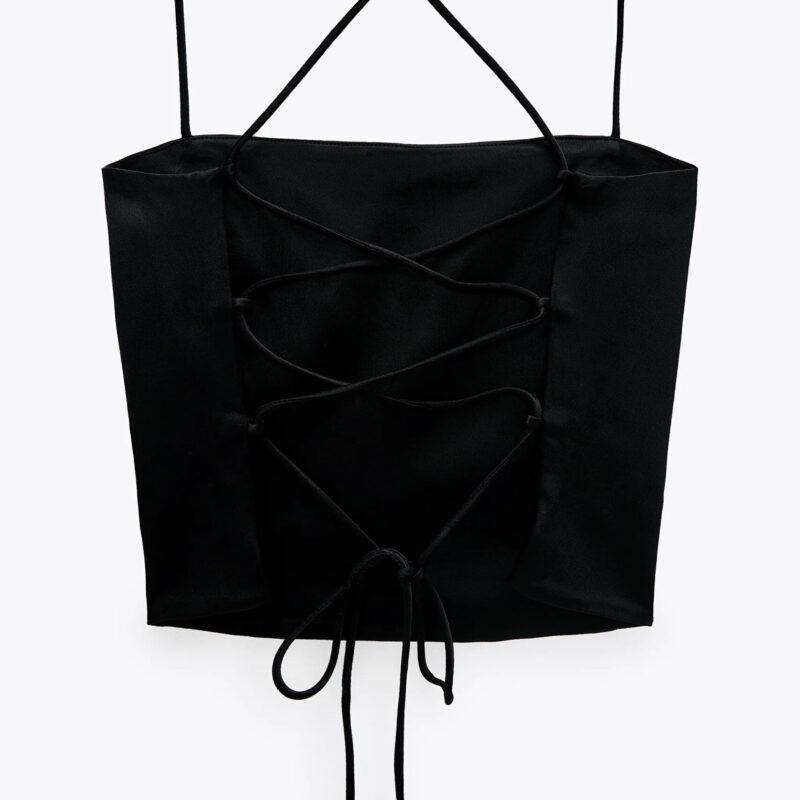 Black Satin Effect Crop Top - Image 2